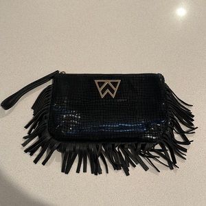 Kelly Wynne Fringe Wristlet Clutch- Black Croc